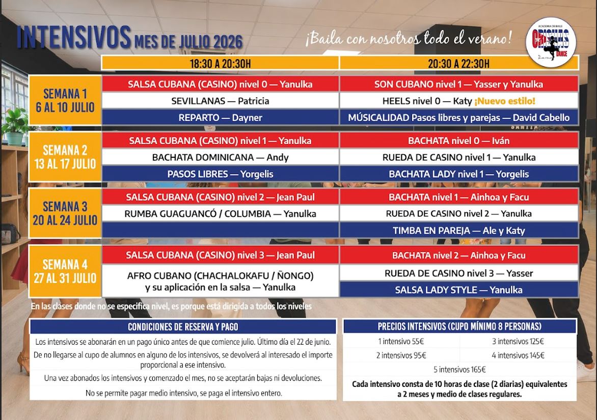 Horarios de las clases intensivas de verano de Orishas Dance